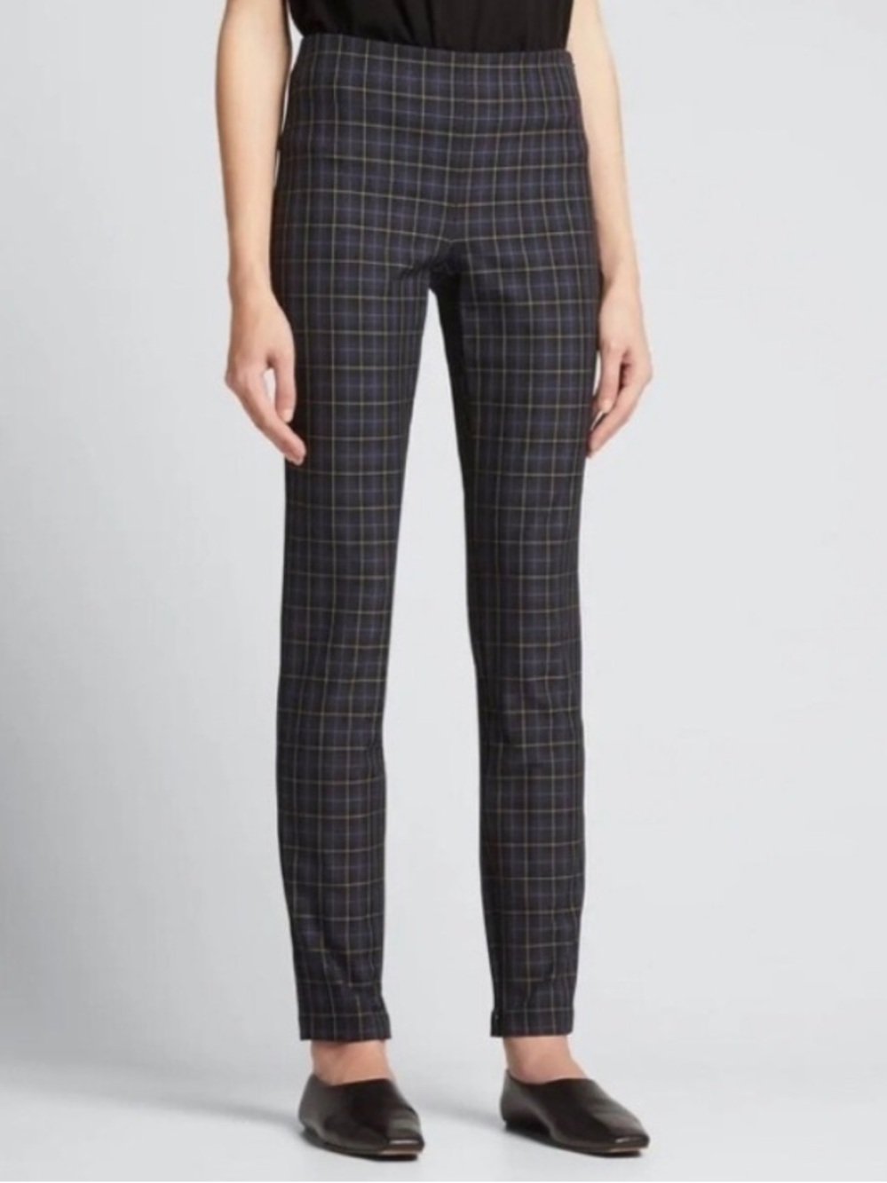 Theory Galway Plaid Ankle Pants Navy Slim Zip Hem Size 8